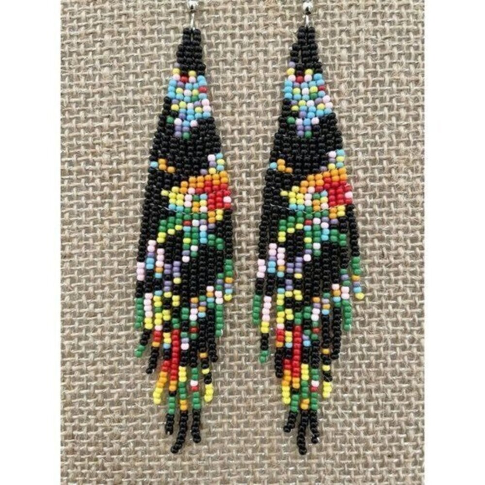 Handmade Miyuki Seed Bead Fringe Dangling Earrings Desert In Bloom Black NWT